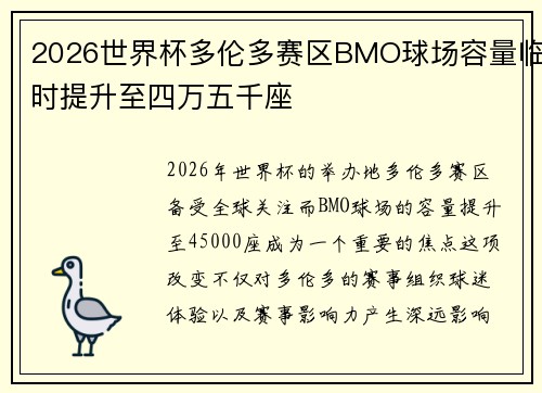 2026世界杯多伦多赛区BMO球场容量临时提升至四万五千座