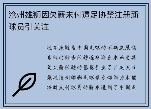 沧州雄狮因欠薪未付遭足协禁注册新球员引关注